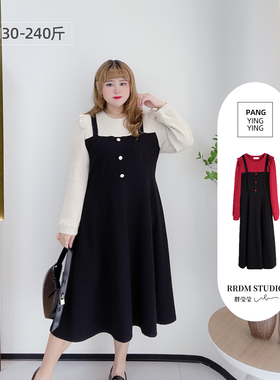 胖莹莹大码女装240斤胖mm甜美通勤法式假两件撞色红色新年连衣裙