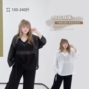 韩系纯欲风辣妹潮酷镂空抽绳宽松休闲蕾丝针织衫 胖莹莹大码 女装