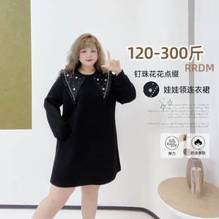 300斤胖莹大码女装甜酷娃娃领钉珠胖mm减龄厚黑轻亚风短款连衣裙