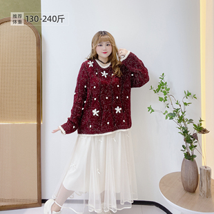 300斤胖莹大码 胖mm圣诞红色宽松弹力显瘦花朵小毛球撞色毛衣 女装