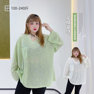 女裝 胖瑩瑩大碼 甜酷V領(lǐng)提花寬松顯瘦減齡百搭設(shè)計(jì)感純欲慵懶風(fēng)t恤