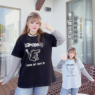 卡通银丝闪亮显瘦假两件t恤 秋款 辣妹潮牌减龄可爱胖莹莹大码 女装