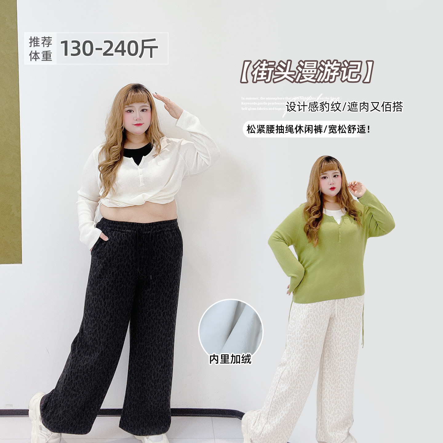慵懒风加绒直筒阔腿松紧腰豹纹胖莹莹大码女装加厚宽松百搭休闲裤,女装/女士精品,大码裤装,淘宝优惠券,粉丝福利购,淘宝优惠卷