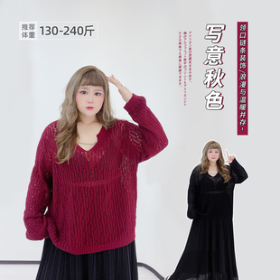针织衫 2026春款 纯欲风链条设计感镂空V领宽松长袖 女装 胖莹莹大码