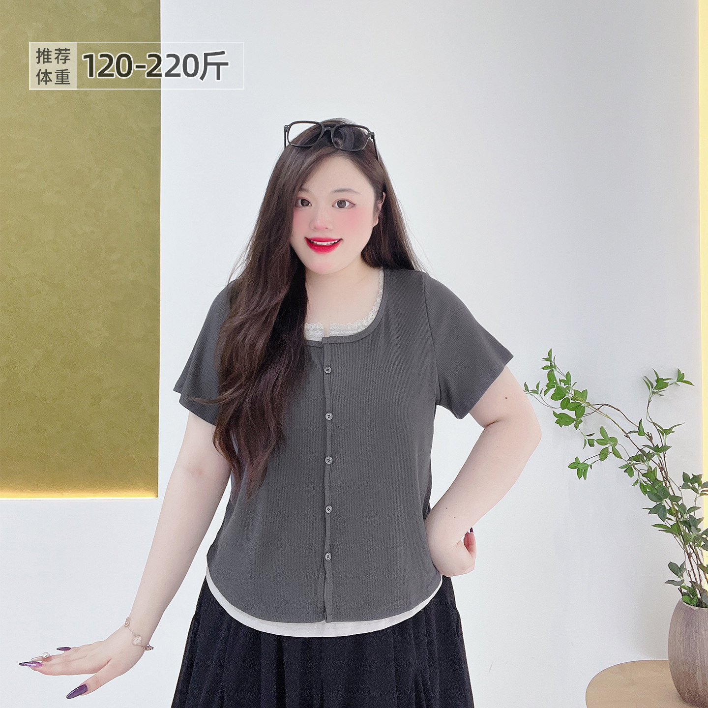 胖莹莹大码女装韩系纯欲甜辣假两件蕾丝花边上衣收腰显瘦短袖T恤,女装/女士精品,大码内搭,淘宝优惠券,粉丝福利购,淘宝优惠卷