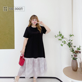 胖莹莹大码 女装 300斤胖m简约黑色拼接闪亮鱼尾长裙宽松显瘦连衣裙