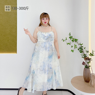法式 高級感歐若風(fēng)垂感甜美吊帶長裙度假連衣裙 女裝 300斤胖瑩大碼