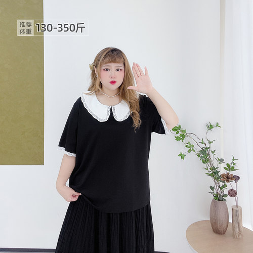 大码甜美娃娃领撞色韩系蕾丝上衣