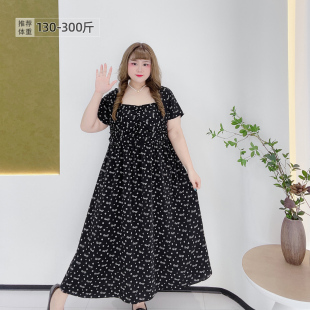法式 方領高級感印花精致通勤大裙擺顯瘦連衣裙 女裝 300斤胖瑩大碼