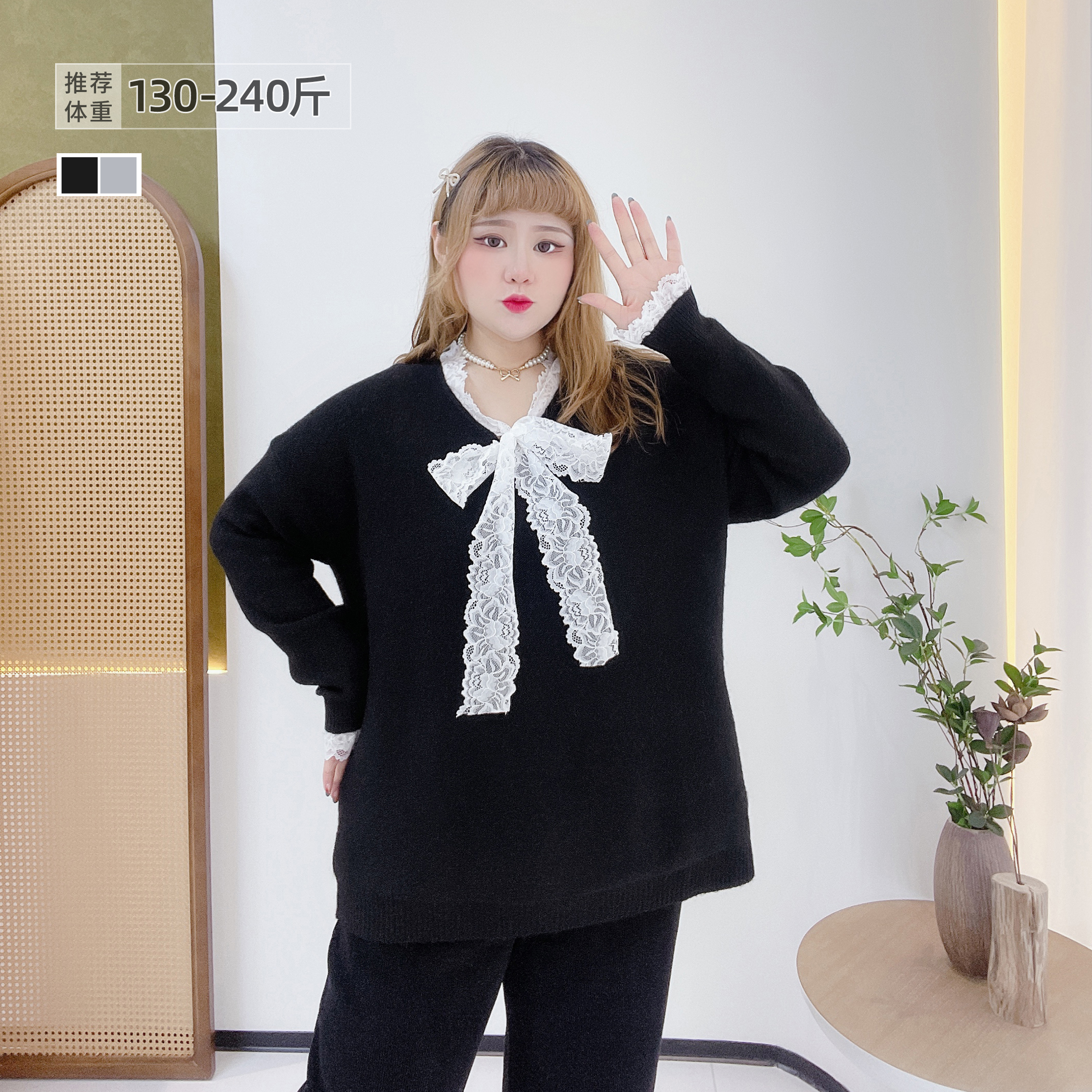 大码蕾丝甜美显瘦蝴蝶结毛衣