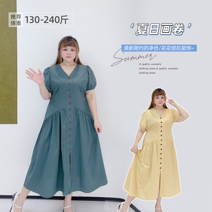 高級感泡泡袖 2025夏胖瑩大碼 女裝 V領(lǐng)法式 連衣裙 高腰通勤茶歇長款