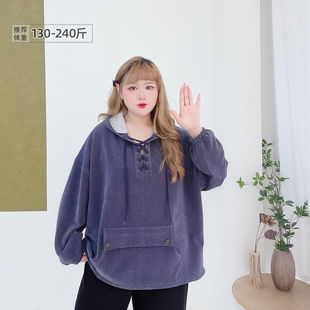 胖莹莹大码 设计感学院风系带插兜仿牛仔宽松遮肉减龄连帽卫衣 女装