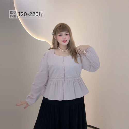 大码法式方领花边收腰显瘦小衫