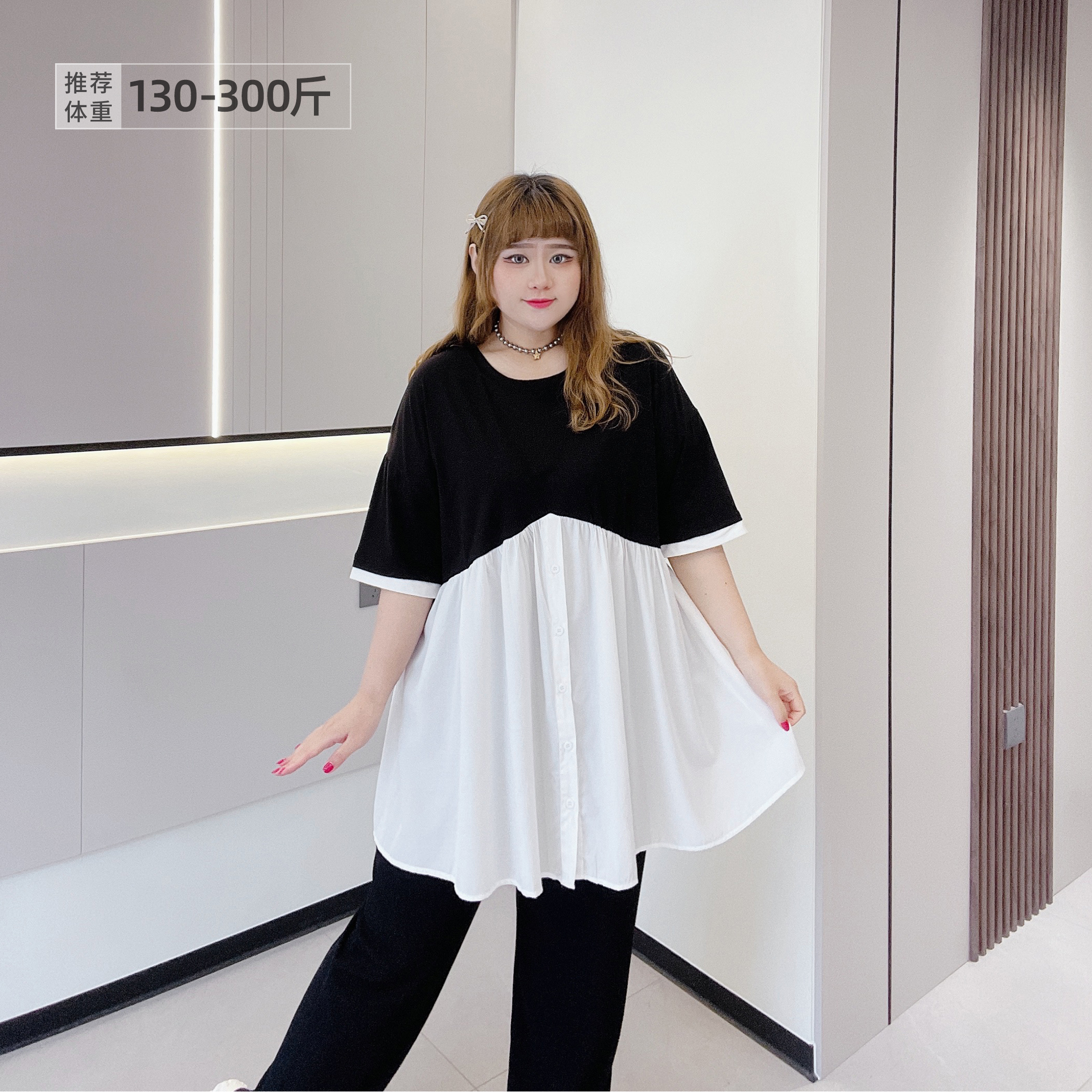 藏肉显瘦遮肚假两件拼接短袖衬衫