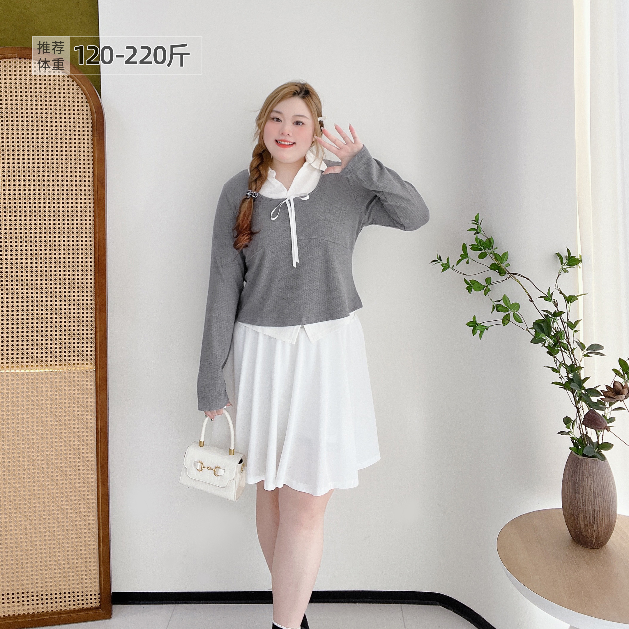 大码韩版假两件撞色蝴蝶结小衫