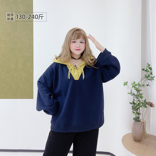 胖莹莹大码 韩系减龄学院风炸街撞色牛角扣宽松休闲连帽卫衣 女装