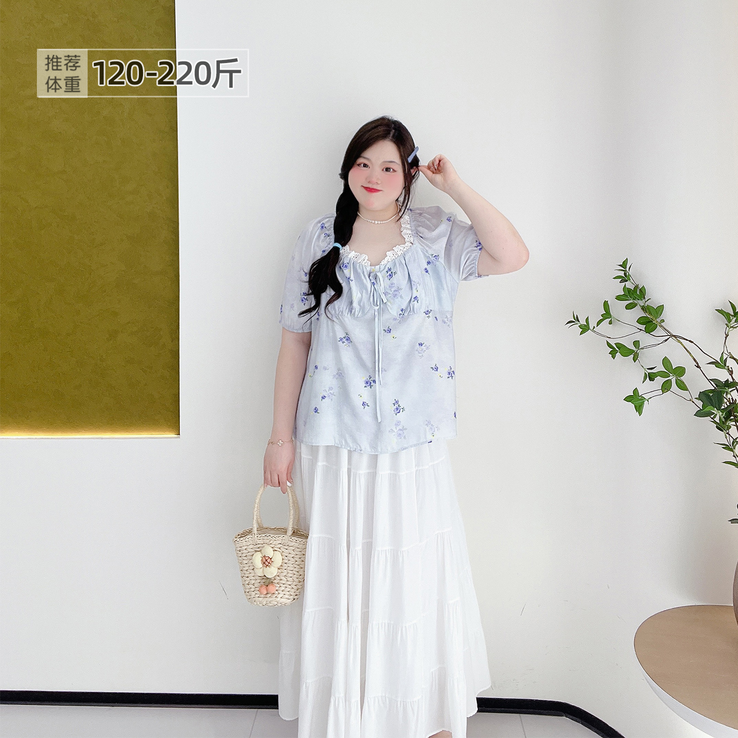 大码甜美减龄碎花蕾丝花边小衫