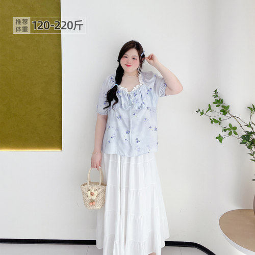 大码甜美减龄碎花蕾丝花边小衫