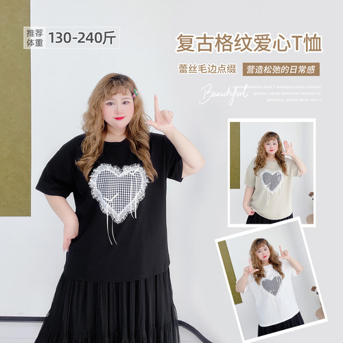 大码韩系学院风爱心格纹蕾丝T恤