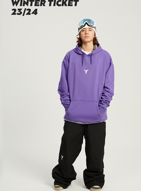 WINTERTICKET滑雪加绒保暖套头连帽中长款印花自由式嘻哈卫衣