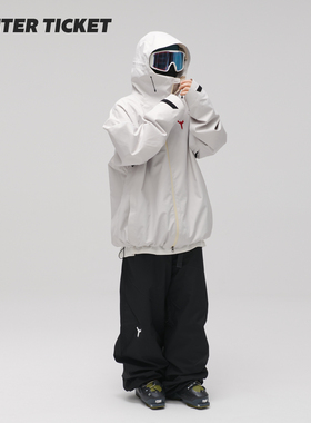 WinterTicket双单板自由式OVERSIZE宽大嘻哈灰白滑雪3L夹克雪服