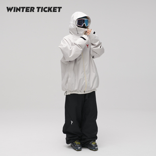 WinterTicket双单板自由式OVERSIZE宽大嘻哈灰白滑雪3L夹克雪服