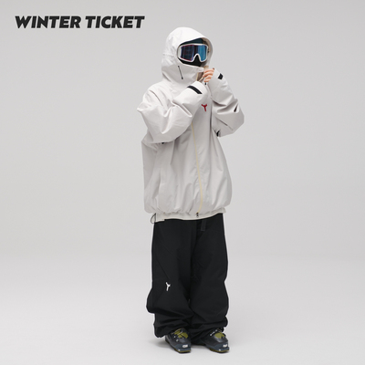 WinterTicket双单板自由式OVERSIZE宽大嘻哈灰白滑雪3L夹克雪服