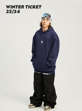 WINTERTICKET滑雪加绒保暖套头连帽中长款印花自由式嘻哈卫衣