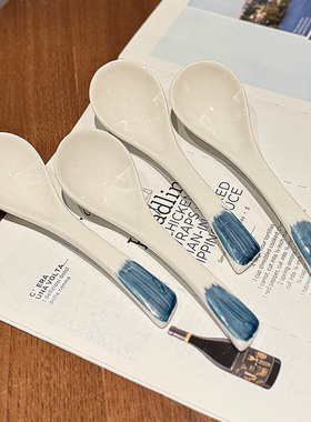 轻奢高颜值~蓝色手绘调羹家用耐高温喝汤小勺复古小汤勺釉下彩
