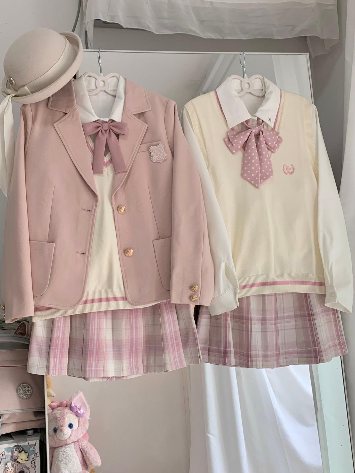 春日部【樱卉中】原创粉色西服刺绣徽章制服长袖修身少女学院风韩