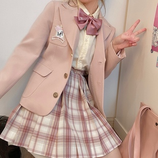千桃扇 春日部 现货原创粉色格裙jk制服正统少女百褶学院甜美