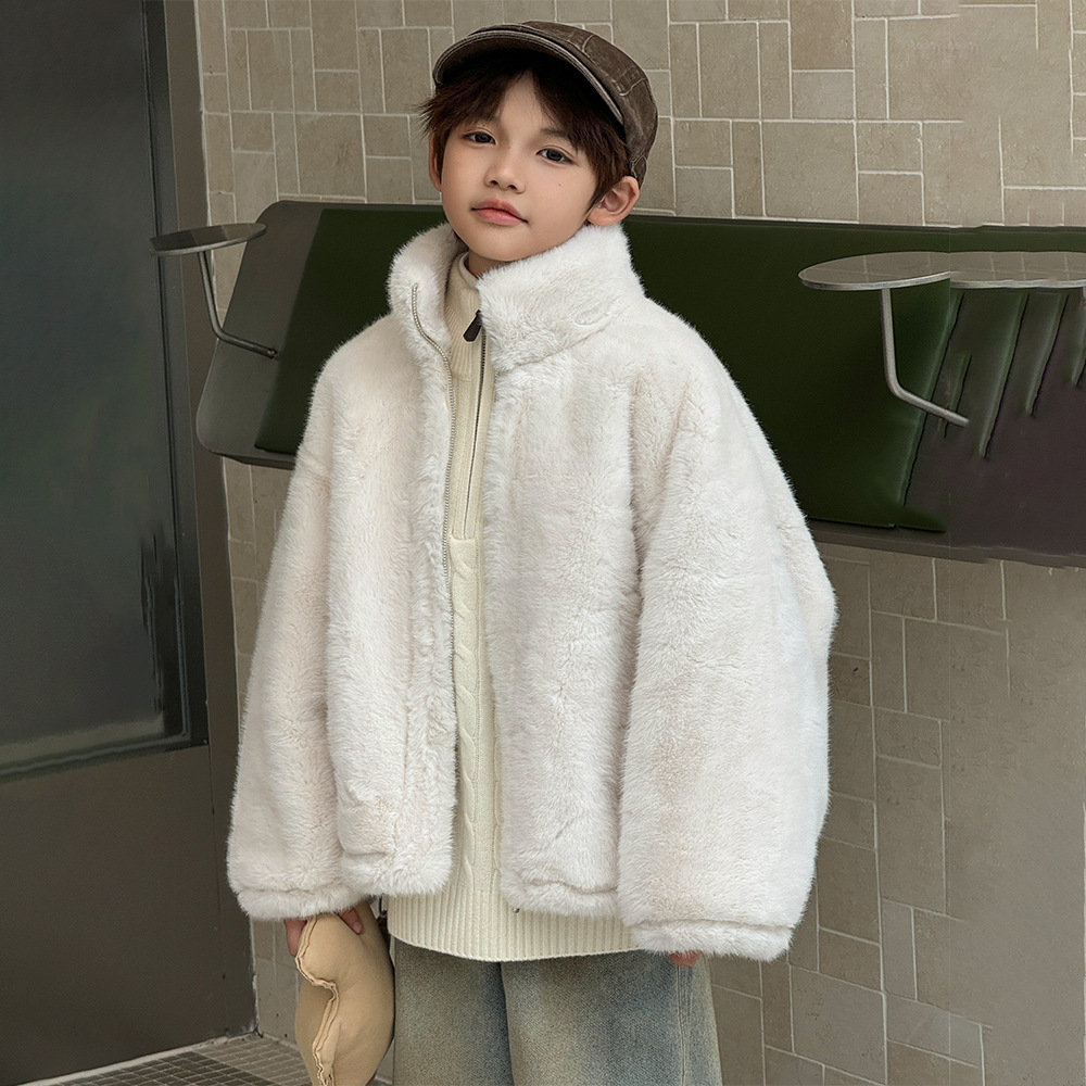 男童仿水貂毛外套小少爷冬季立领宽松5加厚9上衣14岁儿童白色皮草