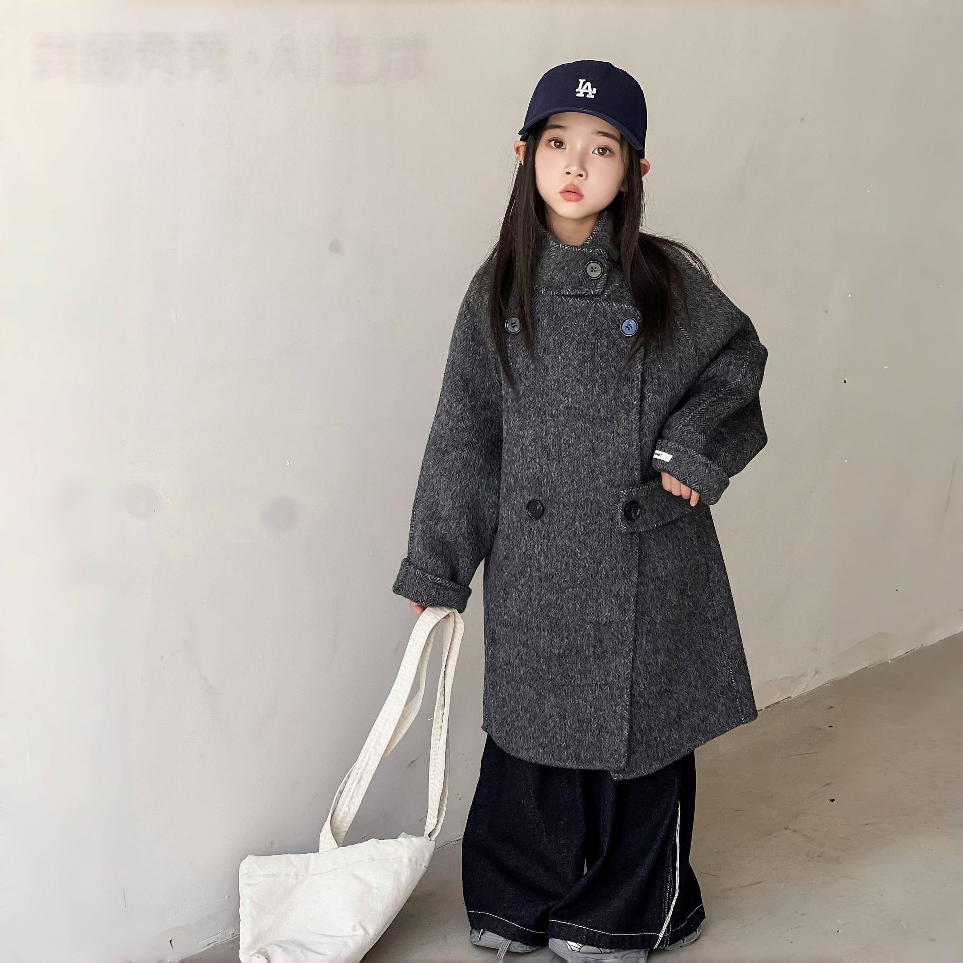男女童高端轻奢韩版双排扣羊毛呢大衣秋冬中长款高级感学院风外套