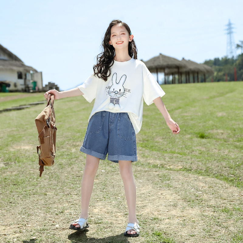 女童休闲套装夏装2025新款洋气儿童夏季纯棉时髦女孩短袖牛仔短裤