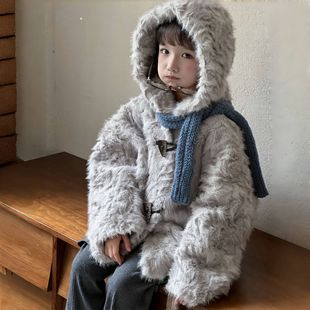 儿童小狐羊仿皮草外套冬季防寒加厚男女童羊剪绒连帽可爱毛毛大衣