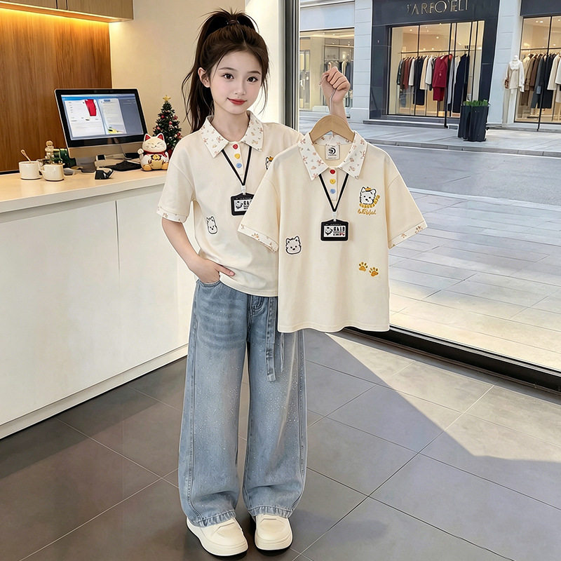 女童T恤2026夏新款洋气儿童韩版卡通上衣女孩翻领POLO衫短袖衣服t