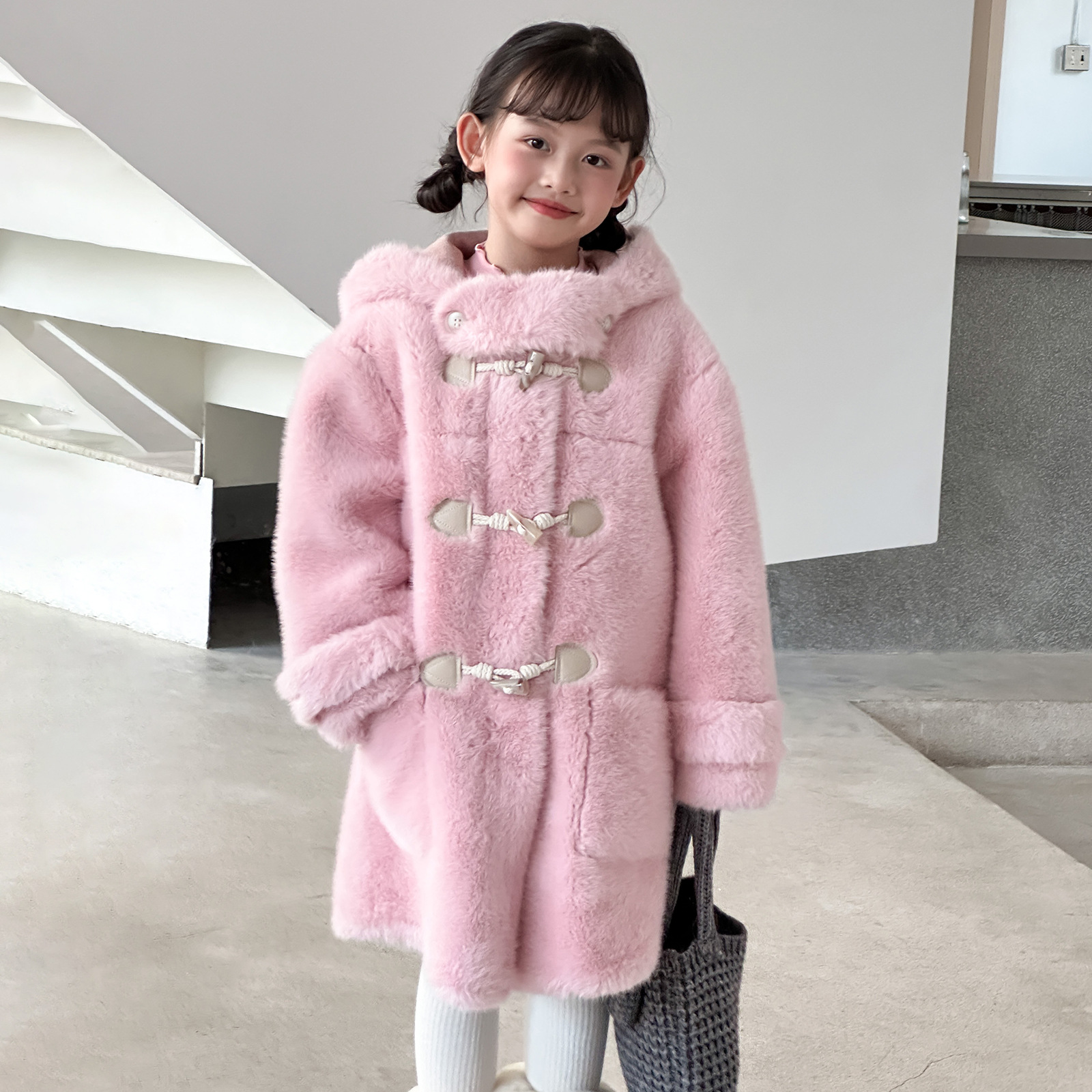 女童仿水貂毛皮草外套中长款牛角扣加厚小学生初中多巴胺毛毛大衣