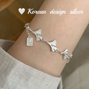 风手ins银饰设计感亮银小众S925银杏纯银韩国女叠手链叶子 饰品戴