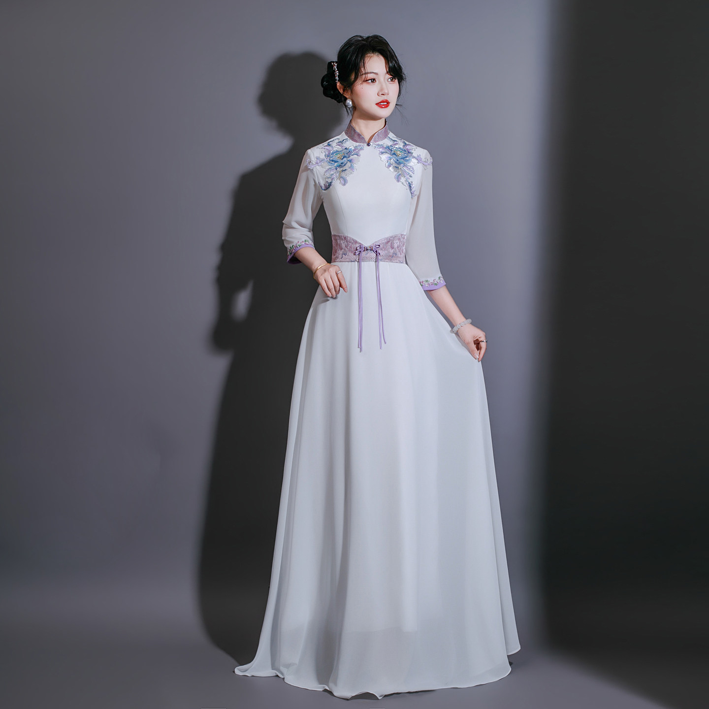 复古中国风立领雪纺大摆礼服