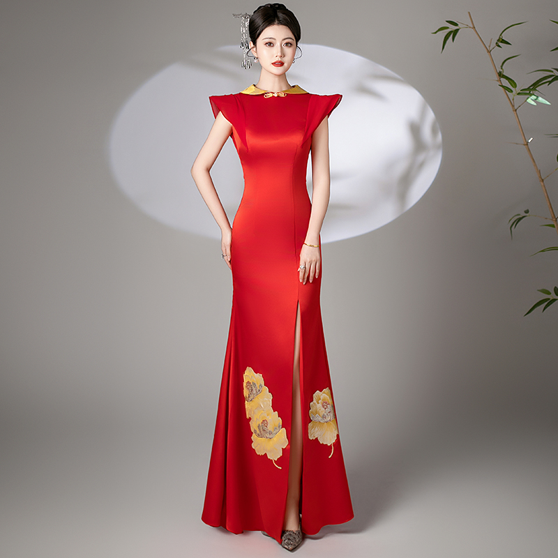 诗贝茉2025新款中式复古改良旗袍敬酒服订婚礼服鱼尾开叉演出服