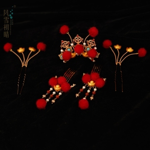 乐安系列仙女纯手工红色女孩发卡可爱儿童春节汉服首饰