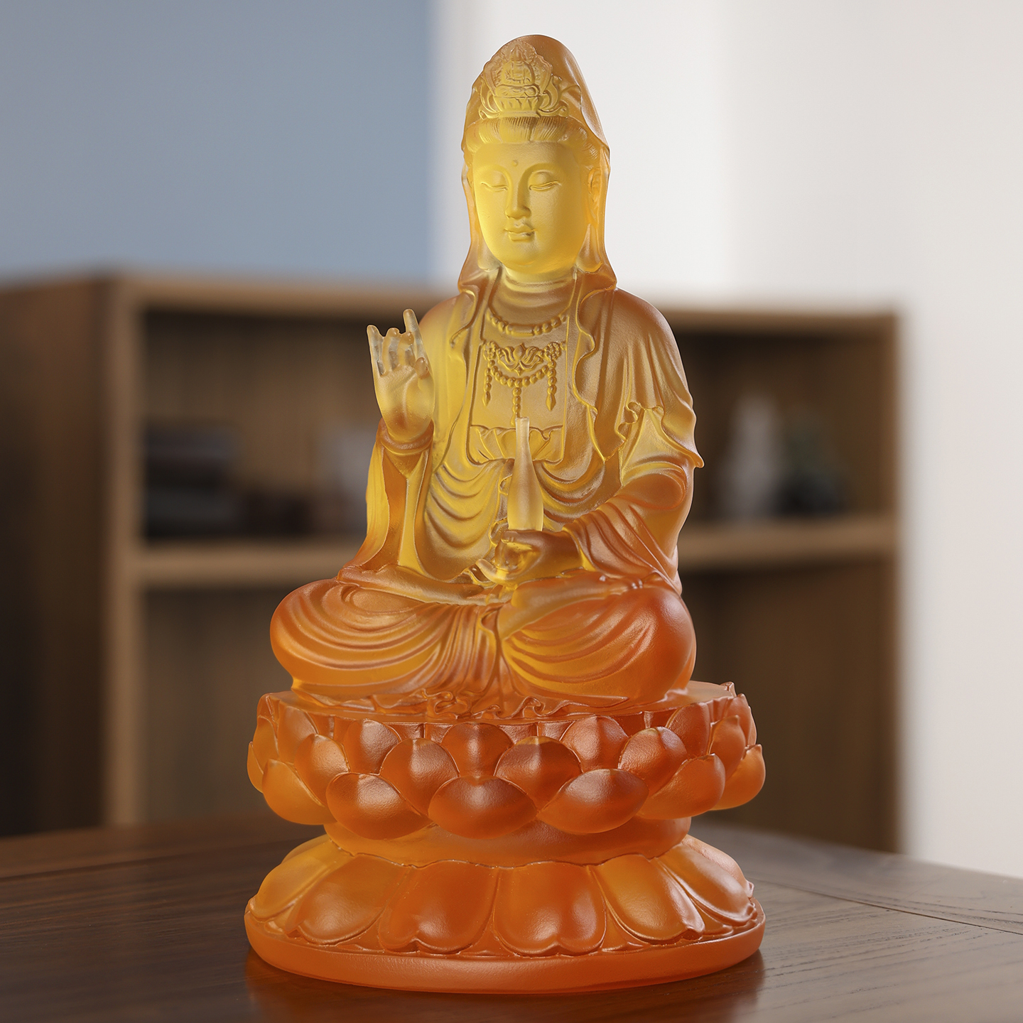 古法琉璃观世音坐像净瓶观音主题艺术雕塑居家书房雅致装饰收藏品