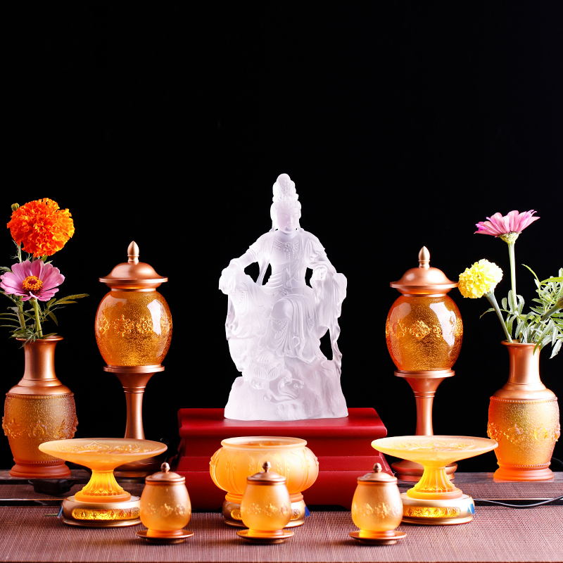 琉璃八吉祥佛具套装花瓶供盘香炉净水杯供杯家用家居供奉供具中式