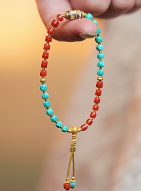 宝瓶天珠手串藏式南红玛瑙绿松石佛珠念珠手链单圈手串