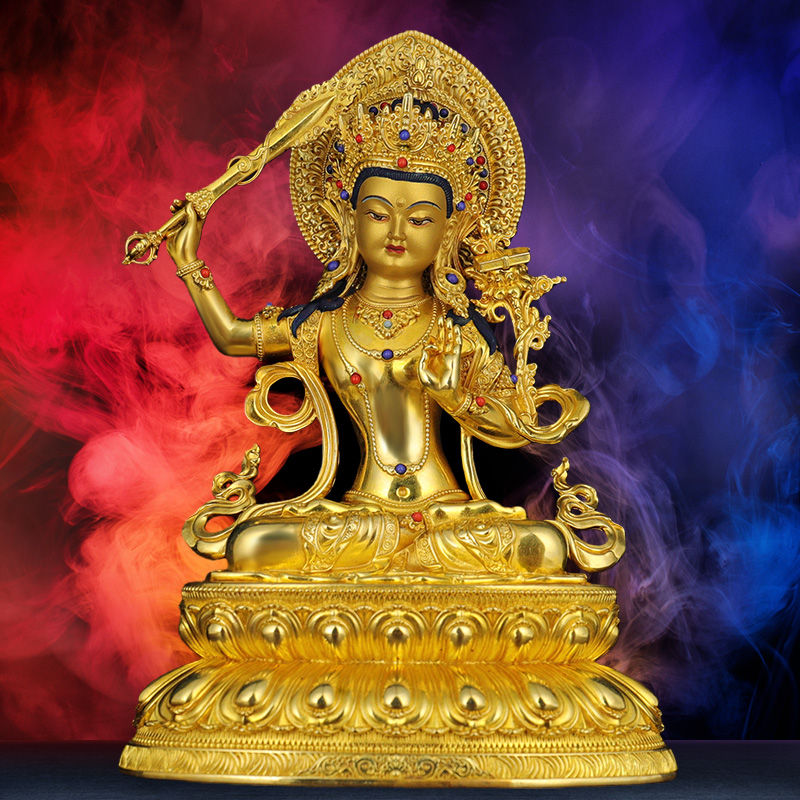 藏传文殊菩萨铜鎏金佛像尼泊尔手工制作书房佛堂清供摆件工艺品