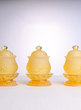 手工古法琉璃莲花供水杯家用佛堂供台供奉圣水杯浮雕工艺供具摆件