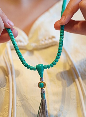 藏式天然沉香108颗佛珠手链多圈念珠项链原矿绿松石项链