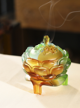 琉璃莲花三足香炉家用博山炉檀香沉香盘香专用荷花造型通透莹润