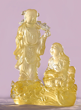 琉璃寒山拾得合和佛像家用佛堂供奉摆件欢天喜地造型客厅雅致摆设