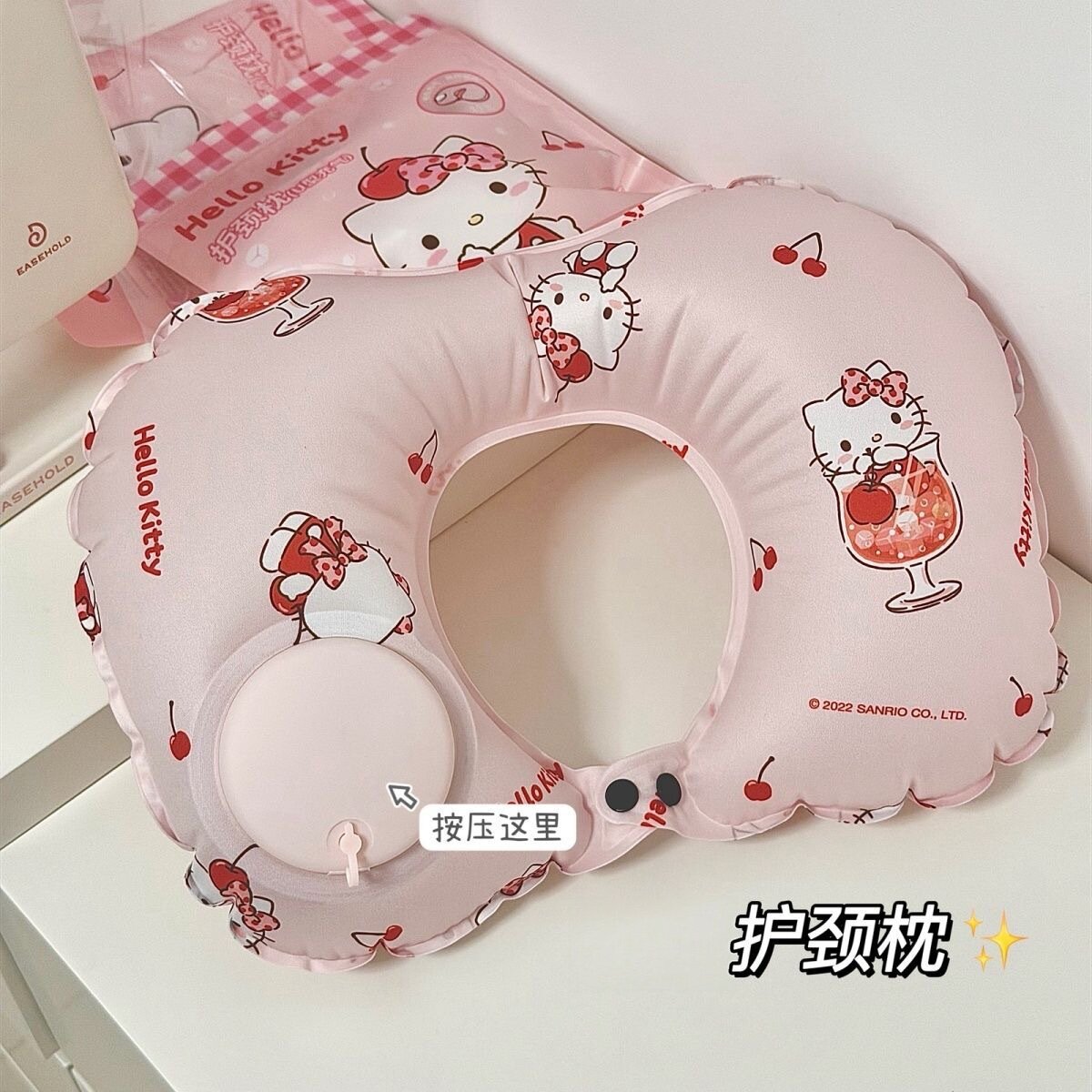 可爱猫按压充气U型便携旅行枕图片